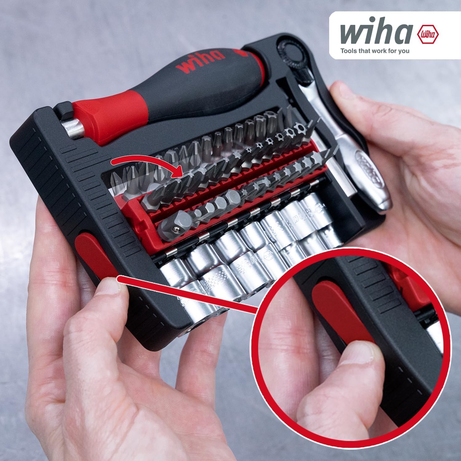 Wiha ProBuddy® Evo 40-tlg. Bit- & Steckschlüssel-Set 1/4" SoftFinish Schraubendrehergriff, Mini-Ratsche 72 Zähne, magnetischer Bithalter I Kompaktes Werkzeugset für Profi, Heimwerker, Fahrrad (46960) 6