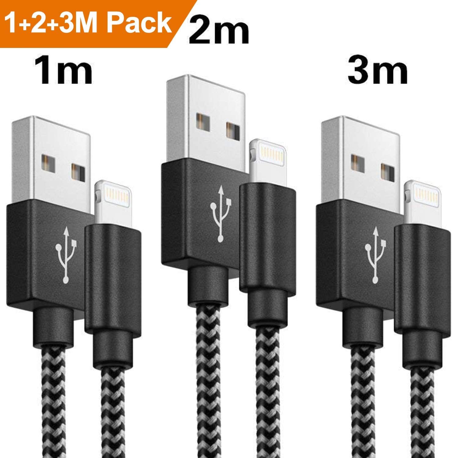 iPhone Charger Cable MFi Certified 3 Pack [1m 2m 3m] Ecclus iPhone Charger Nylon Braided Fast Lightning Cable Compatible with iPhone XS X 8 8 Plus 7 7 Plus 6s 6s Plus 6 6 Plus iPad iPod
