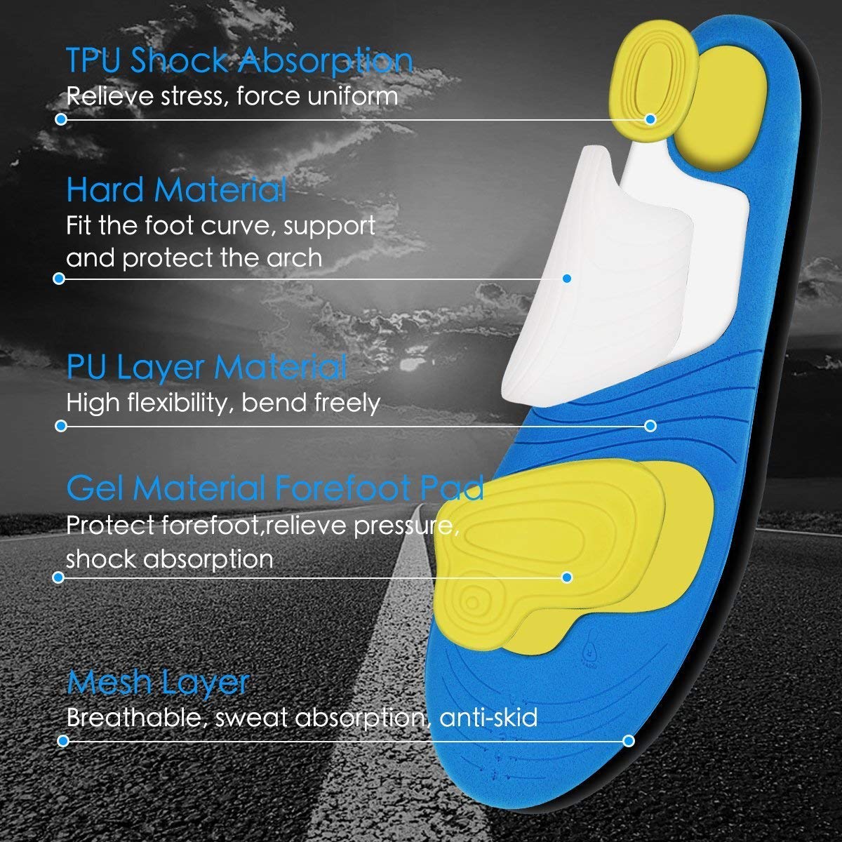 HLYOON PU Arch Support Sports Insoles/Inserts-Shock Absorption and Cushioning, Unisex, Size 7-10, 1 pair