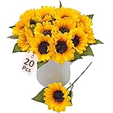 FOUSUKA 20 PCS Fake Silk Sunflowers Artificial Flower with Stems for Home Wedding Party Centerpieces Decoration Bridal Bouquets Tables Floral Arrangements Wreath DIY Art Crafts Decor