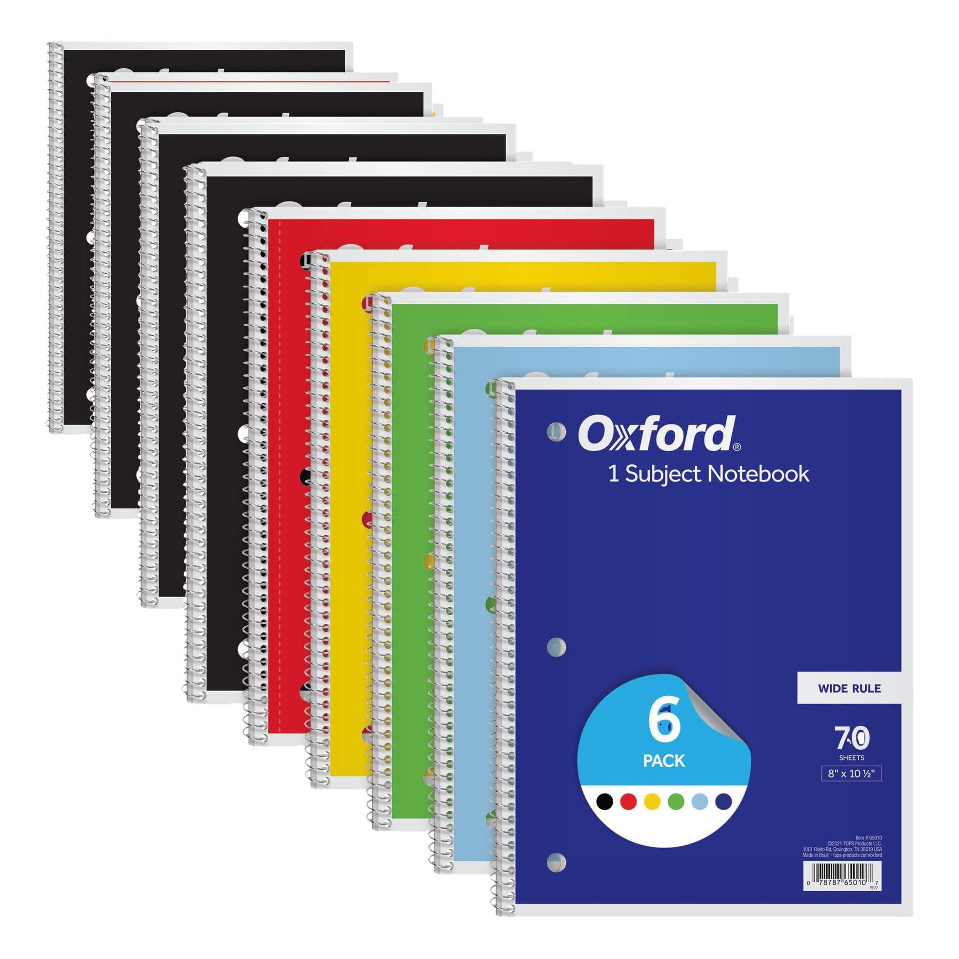 Oxford Spiral Notebook 6 Pack, Bulk Wide Ruled Spiral Notebooks, 1 Subject Journal, Wide Ruled Paper, 8 x 10-1/2 Inch, Blue, Yellow, Red, Light Blue, Green and Black, 70 Sheets (65010) (Pack of 4) Image