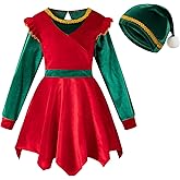 LATOBREATH Little Girl Christmas Red Elf Dress Santa Fancy Outfit Set Party Long Sleeves and Hat