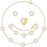 SUBANG 5 Pieces Lucky Clover Jewelry Set for Women Gold Jewelry Set 18K Gold Plated Flower Design Five Leaf Necklace Bracelet Ring Earrings for Women