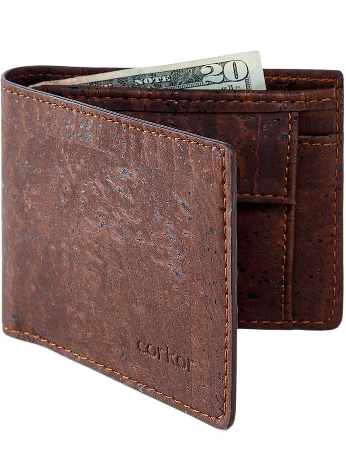 Corkor Cork Wallet for Men Coin Pocket RFID Blocking Vegan Non-Leather Eco Gift Brown Color