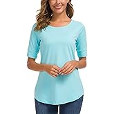 Women's Casual T Shirts Cotton Mid Sleeve Summer Basic Tunics Tee Tops Fashion