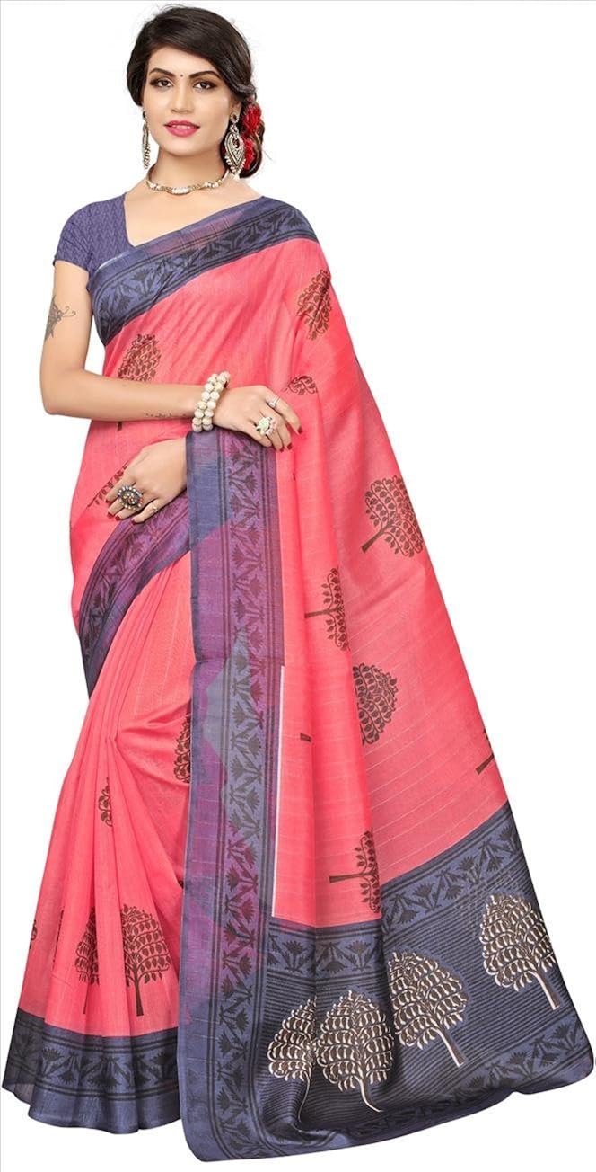 fabwomen women's cotton silk saree with blouse piece, free size (pink)