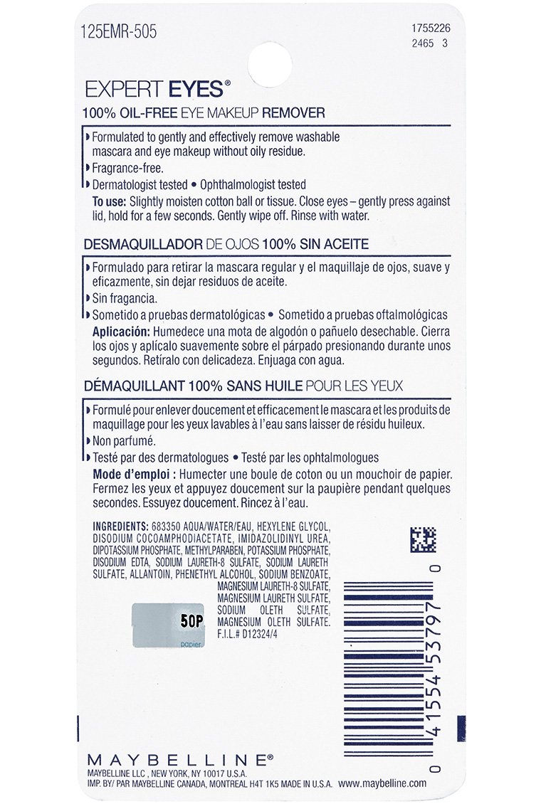 Maybelline Expert Eyes Oil-Free Eye Makeup Remover, For Washable Eye Makeup, 2.3 fl. oz.: Health & Personal Care