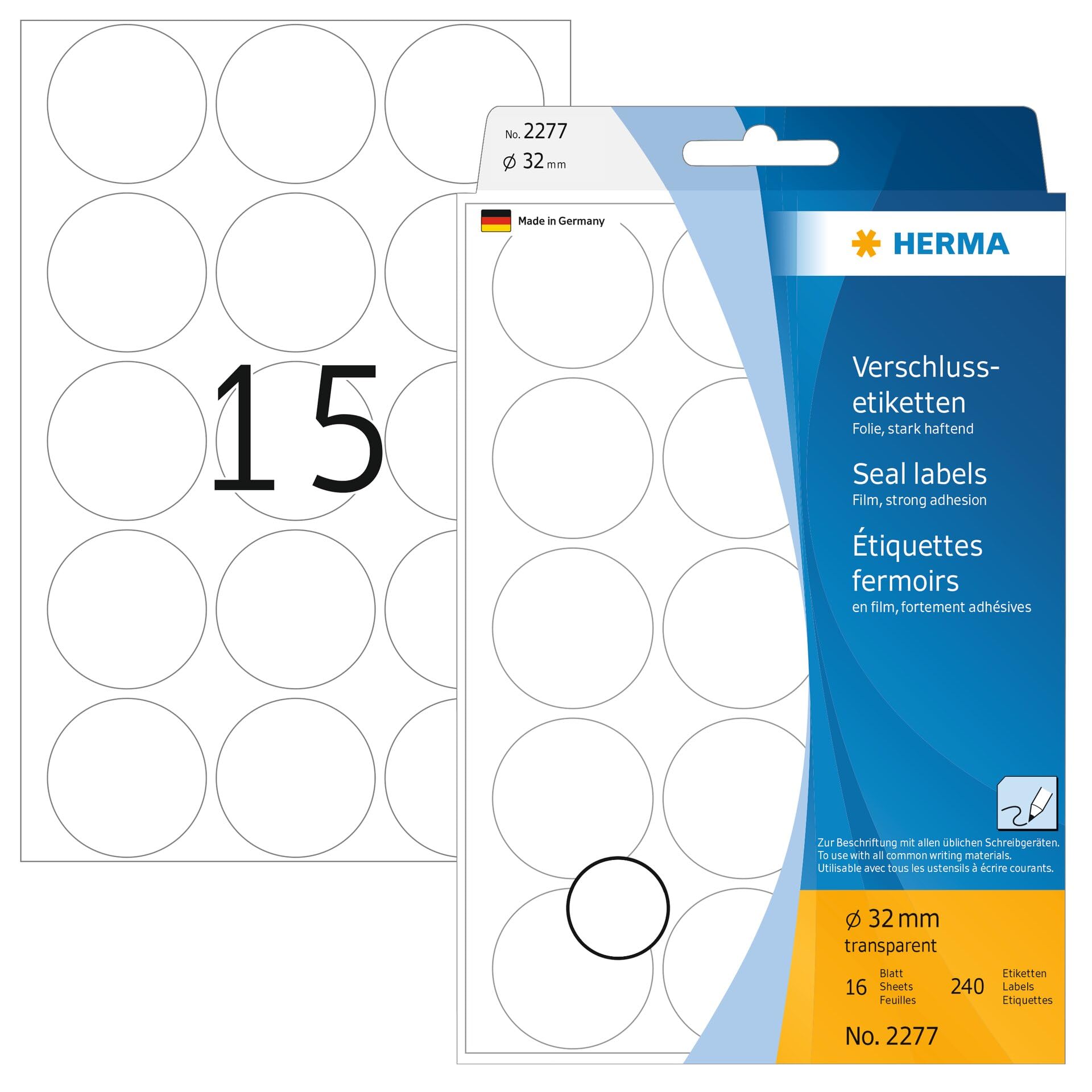 HERMA Clear Seal Stickers, 240 Labels, Ø 32 mm, 15 Labels per Sheet, Self Adhesive Round Sealing Stickers, Blank Sticky Dots for Mail Envelopes Boxes Gift Packaging, Transparent