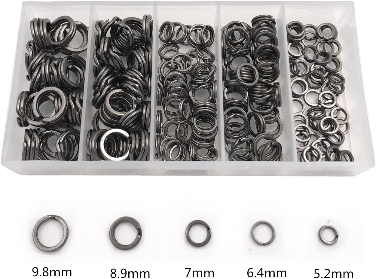 Milepetus 200/250pcs Stainless Steel Fishing Split Rings Black Nickel High Strength Heavy Duty Fishing Lures Ring Chain Connector Fishing Lure Tackle Set,5 Sizes