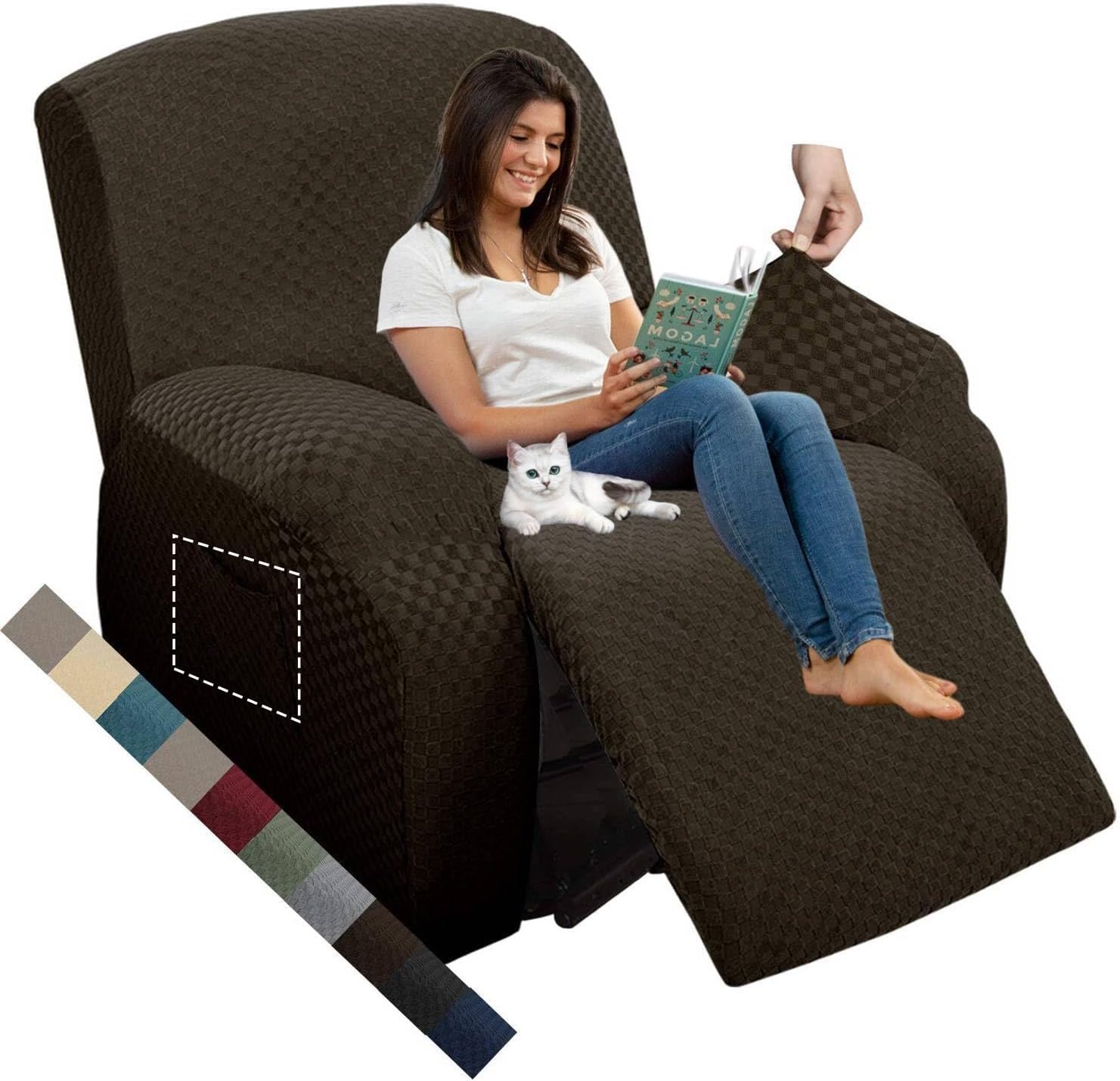 Slipcovers - MAXIJIN Newest Recliner Slipcovers for Living Room 4 Pieces Stretch Jacquard Recliner Chair Cover Soft Fitted Recliner Protector with Elastic Bottom for Kids, Pets (Recliner, Dark Coffee)