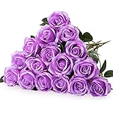 Hotop 20 Pcs Artificial Rose Flowers with Long Stem,Real Touch Silk Realistic Plastic Bouquet Roses Bulk for Home Decor Bridal Wedding Party Table Centerpieces Decorations(Purple)