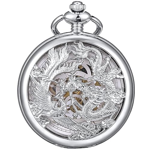 ManChDa Antique Mechanical Pocket Watches for Men Lucky Dragon Phoenix  Pocket Watch with Chain Black Skeleton Dial Roman Numberals Gifts for  Fathers