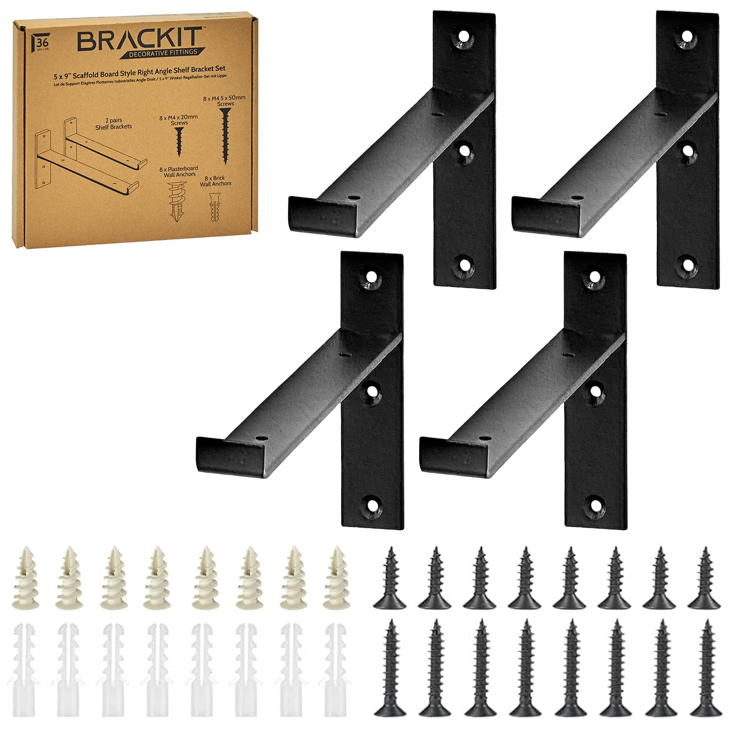 Brackit 4 Heavy Duty Right Angle Shelf Brackets with Screws and Wall Anchors, 9” x 5” (225mm x 115mm), Rustic Black Metal Shelf Brackets for Wall Shelving & Floating Shelves, with Fixing Set