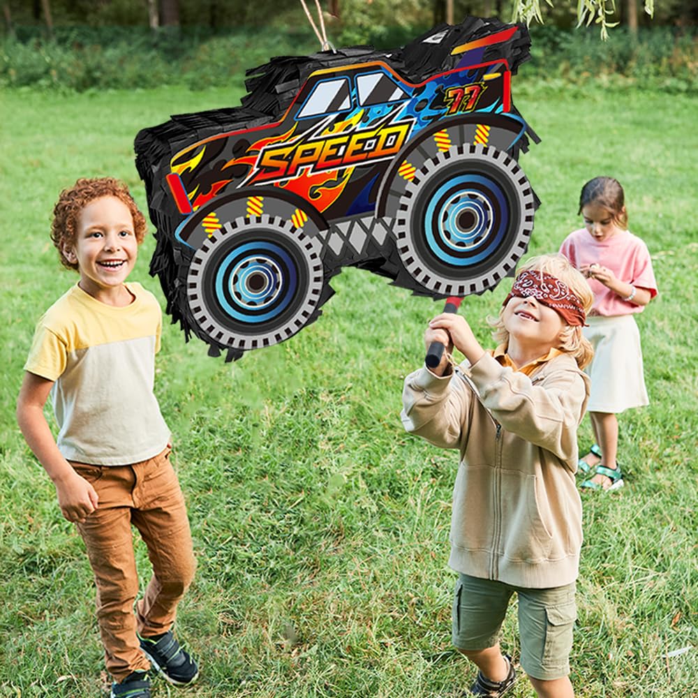Monster Truck Pinata Car with Stick and Blindfold for Boys' Birthday Party Decoration