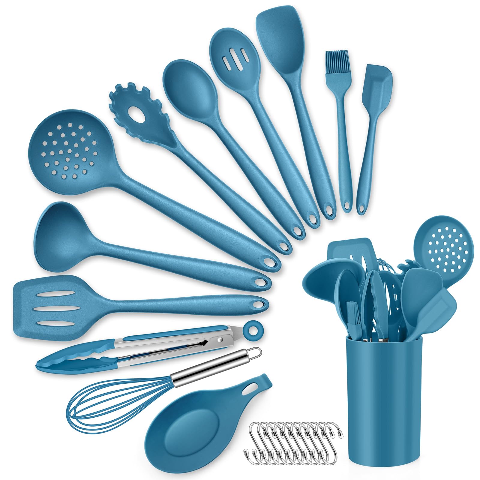 Kitchen Utensils Set, HaWare 13 Piece Silicone Cooking Utensils Set with Holder, Kitchen Tools Include Turner Spatula Spoon, Non-Stick Cookware Friendly & Heat Resistant, Dishwasher Safe-Blue