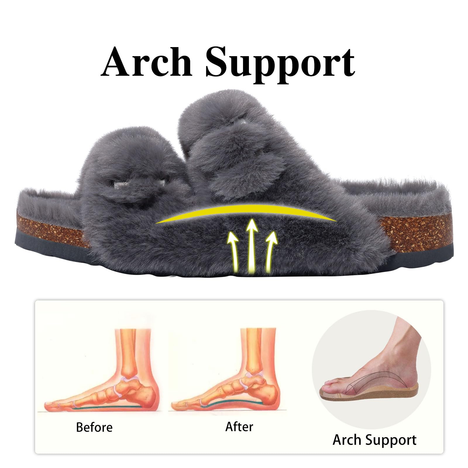 KIDMI Fuzzy Slippers Women with Cork Footbed Fluffy Slides Open Toe Indoor House Shoes | Arch Support | Adjustable Buckles, Deep Grey 6.5-7