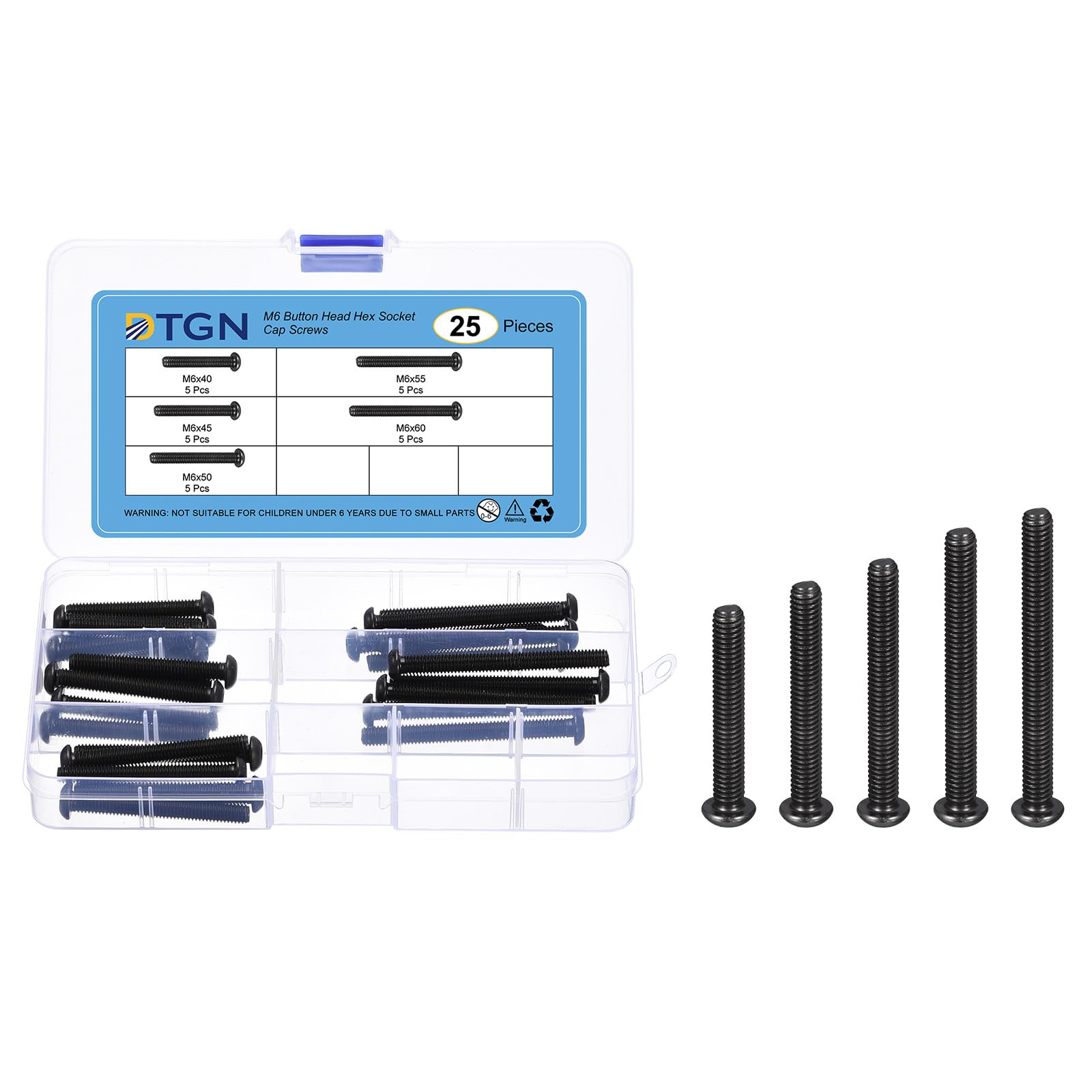 DTGN 25Pcs M6 Button Head Socket Cap Screws Kit - 40/45/50/55/60mm Carbon Steel Black Oxide Full Thread Hex Socket Cap Screw Assortment - Good for Machine, Furniture Repairing