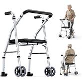 FUSHIDE Standard Walkers for Seniors with Seat, with 2 Skis &amp; 5&rdquo;Wheels | Lightweight &amp;Adjustable Walker, with 2 Wheels in Front, Stable Mobility Support, Compact Travel-walker, Car Friendly