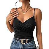 MakeMeChic Women's PU Faux Leather Tops Ruched V Neck Tank Top Wrap Camisole Slim Fit Casual Shirt Cami Tops