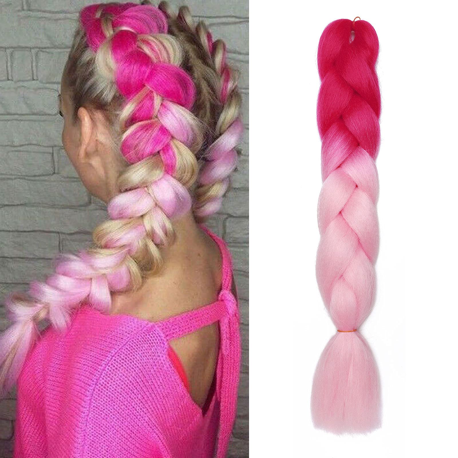 Two Tones Women 24inch Jumbo Braids Hair Afro Crochet Twist Braiding Bulk Hair Style 1 Bundle/100g Fiber Hair Extensions - Rose Red to Light Pink
