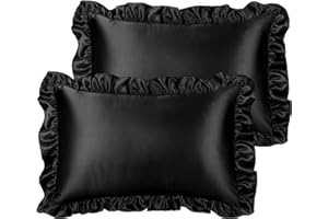PiccoCasa Luxury Ruffled Pillow Shams Set of 2, Retro Silky Pillow Cover with Ruffle, 85 GSM Satin Pillowcases with Envelope Closure Queen Black