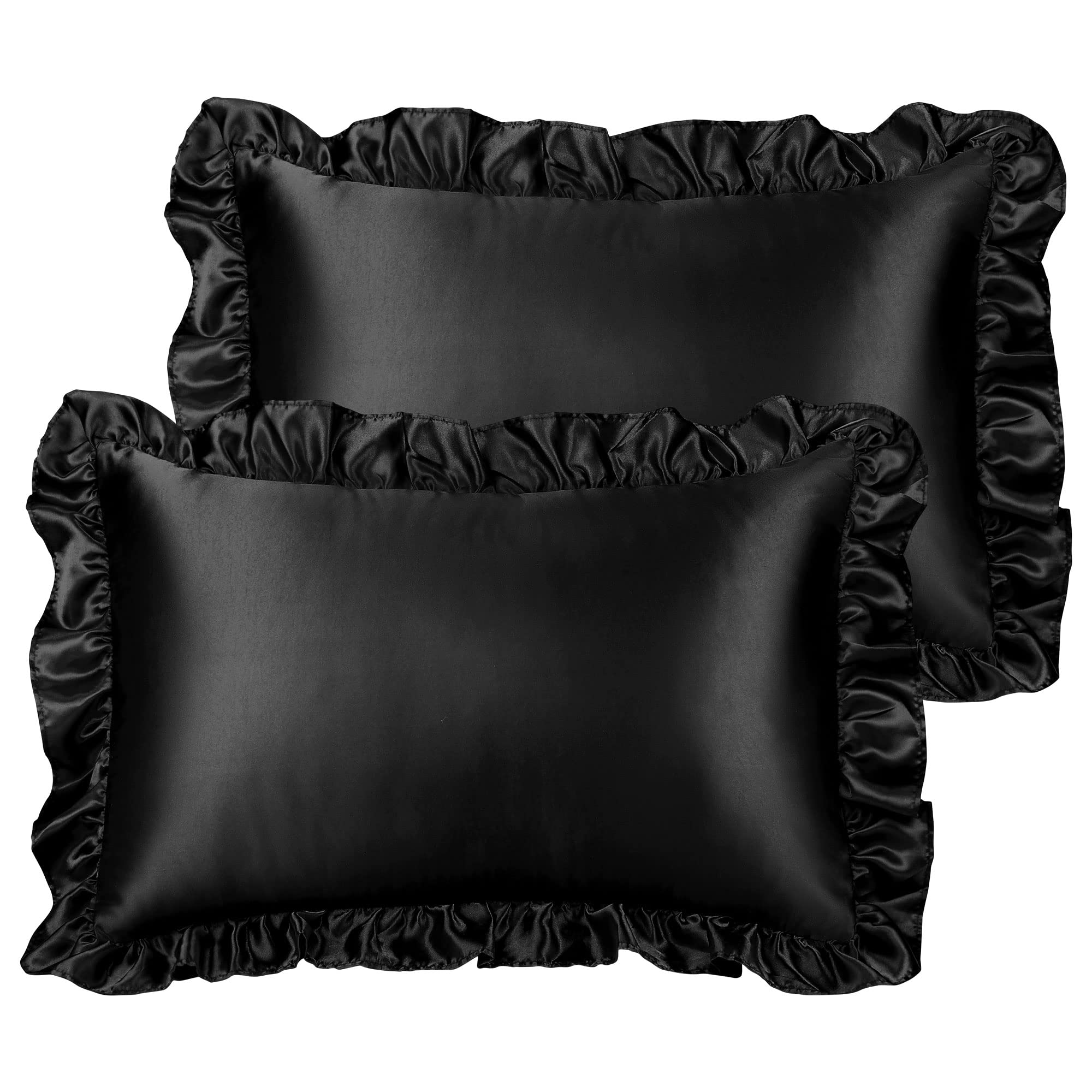 PiccoCasa Satin Pillowcases for Hair and Skin, Retro Silky Pillow Cover with Luxury Ruffle and Envelope Closure Satin Pillow Cases 2 Pack Black 50 x 75cm