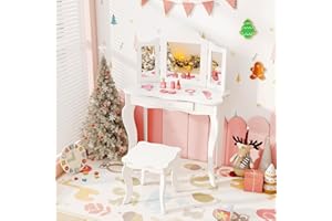 AKUSTIK Kids Vanity, 2 in 1 Wooden Dressing Table and Chair Set with Tri-Folding Mirror, Stool, Storage Drawer, Toddlers Pretend Princess Beauty Playset Toy for Girls