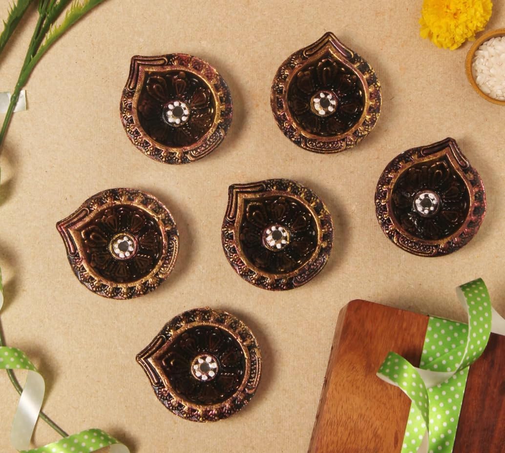 Oil Lamps & Accessories - Handmade Terracoaat Set of 6 Oxidized Deepak Design Clay Diya for Diwali/Navratri Decorations Oil Lamp Diwali Clay Diya Tea Light Holder Indian Home Decor Festival Gifts Puja Items