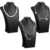 3 Pcs PU Leather Necklace Stand Display, Black Bust Jewelry Stand for Necklaces- Professional Necklace Holder Display with Wood Base for Retail Store, Trade Show, Home Decor (11.42" x 3.94" x 6.89")