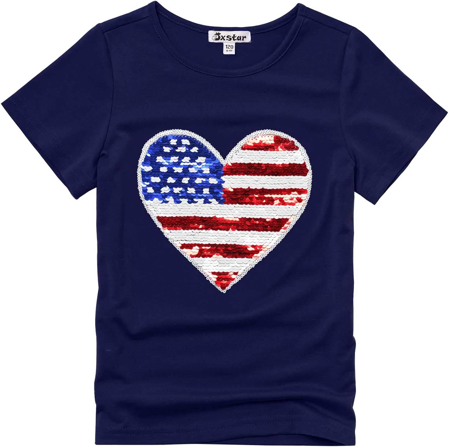 Jxstar Girls 4th July Shirts Flip Sequin American Flag T-Shirt Tops Short Sleeve Summer Clothes