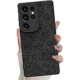 MZELQ for Samsung Galaxy S25 Ultra Case, Silicone Floral Flowers Rose Cute Pattern, Camera Protection Soft Slim Phone Case for Girls Women -Black