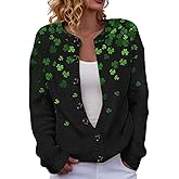 St Patricks Day Cardigan Women Shamrock Irish Crew Neck Ribbed Knit Open Front Sweater Lucky Clover Long Sleeve Tops