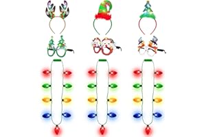 BLOWATA 9PCS Christmas Party Favors, Light Up Christmas Necklace Headband Glasses Set, Xmas Bulb Necklace Antler Tree Lights Holiday Headbands LED Flashing Glow Santa Eyeglasses Bulk for Christmas Gift