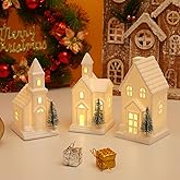 Luxstyra 3 Pcs Light Up Christmas Houses, White Ceramic House Christmas Decor with 3 Pcs Xmas Tree, Porcelain Ceramic Xmas Village Sets with Timer, Christmas Town Village Set Xmas Figurines Home Decor