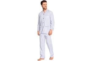 amaxer Mens 100% Cotton Pajamas Set Long Sleeve Pjs Button Fly Pants Soft Elastic Drawstring Waistband Bottoms