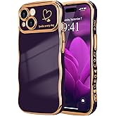 LCHULLE for iPhone 15 Plus Case for Women Girls, Cute Wave Frame Curly Shape with Love Heart Pattern Raised Camera Protection Cover Luxury Plating Shockproof Phone Case for iPhone 15 Plus, Dark Purple