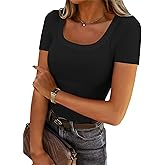Chulianyouhuo Women's Short Sleeve Scoop Neck Ribbed Knit Fitted Casual Tops Tee Summer Slim Basic Shirts