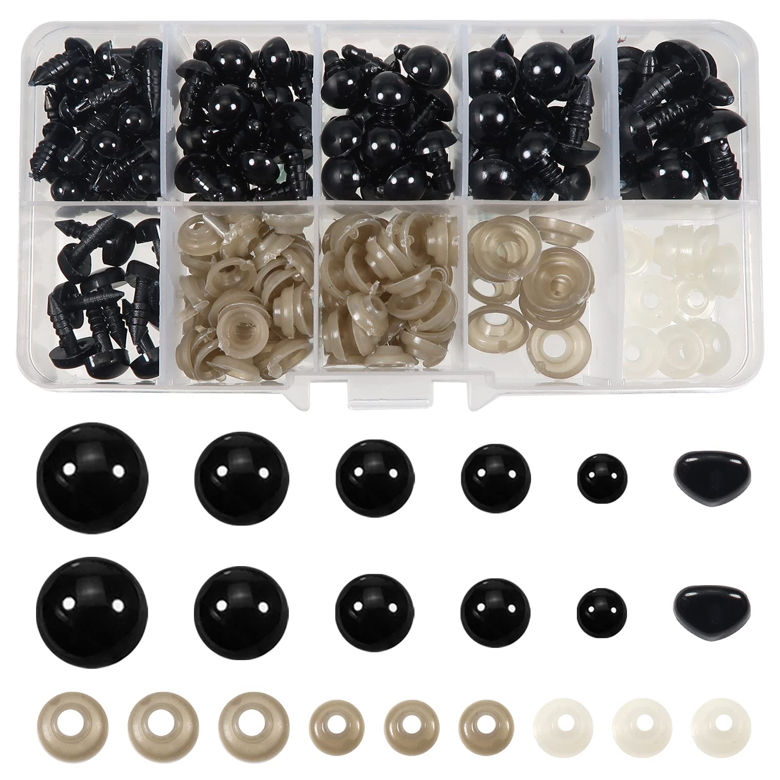 TOAOB 250 Pieces 6 to 12 mm Plush Animal Dolls Safety Eyes in Black Plastic with 250 Washers for Craft DIY Puppet Making