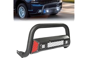 PARTREE Bull Bar Fit for Chevy Silverado 1500/GMC Sierra 1500 2019-2025 with LED Light & w/License Plate Bracket DIY Paintable Truck Front Bumper Brush Push Bar Front Grille Guard Protector