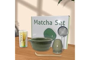 5 Pcs Matcha Whisk Set, Ceramic Matcha Kit for Tea Ceremony - Bowl with Spout+Bamboo Whisk and Holder+Strainer+Scoop, for Mak