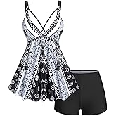 ROSE GAL Womens Plus Size Tribal Geo Print Crisscross Padded Boyshorts Tankini Swimsuit