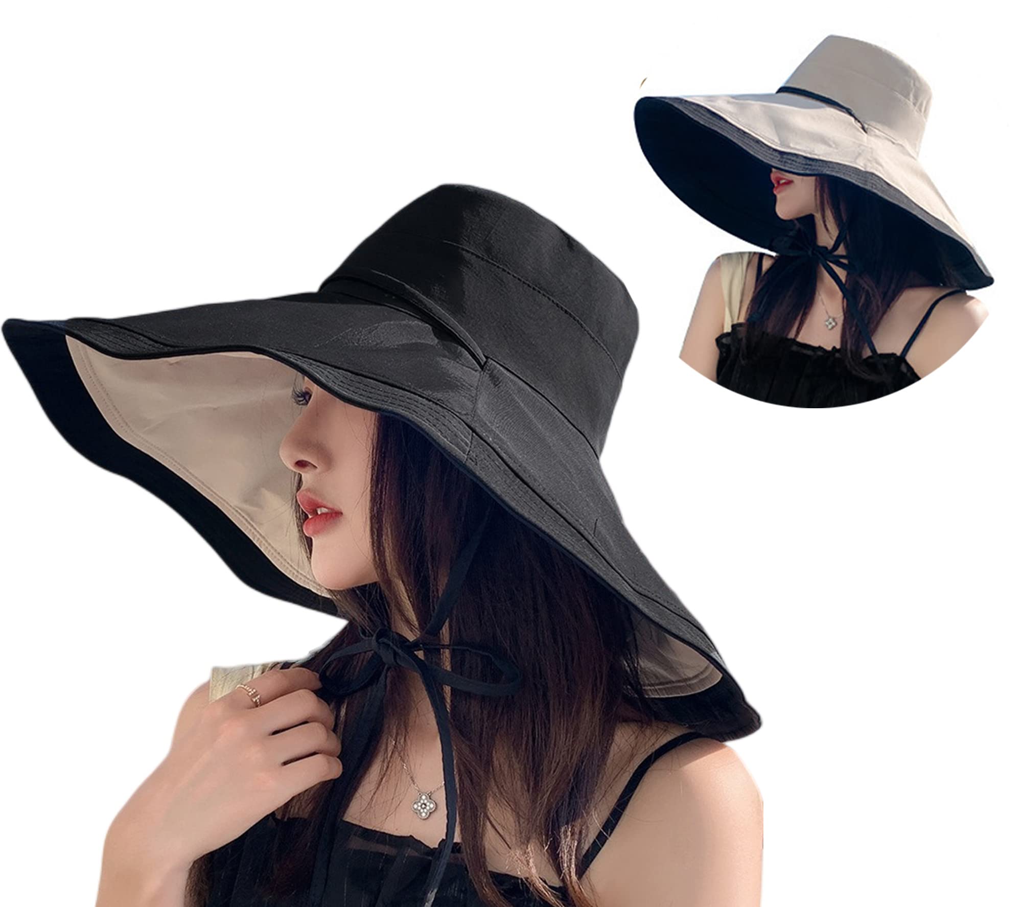 Photo 1 of Packable Large Brim Sun Hat for Women - 6.7" Wide-Brim UV-Protection Women's-Sun-Beach-Hats with Strap Black