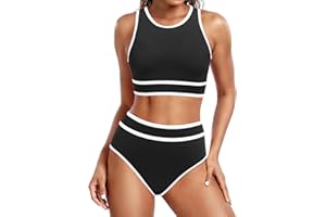 Jolefille Womens High Waisted Bikini Set Two Piece Swimsuit High Neck Tops Bathing Suit Full Coverage Tummy Control Tankini