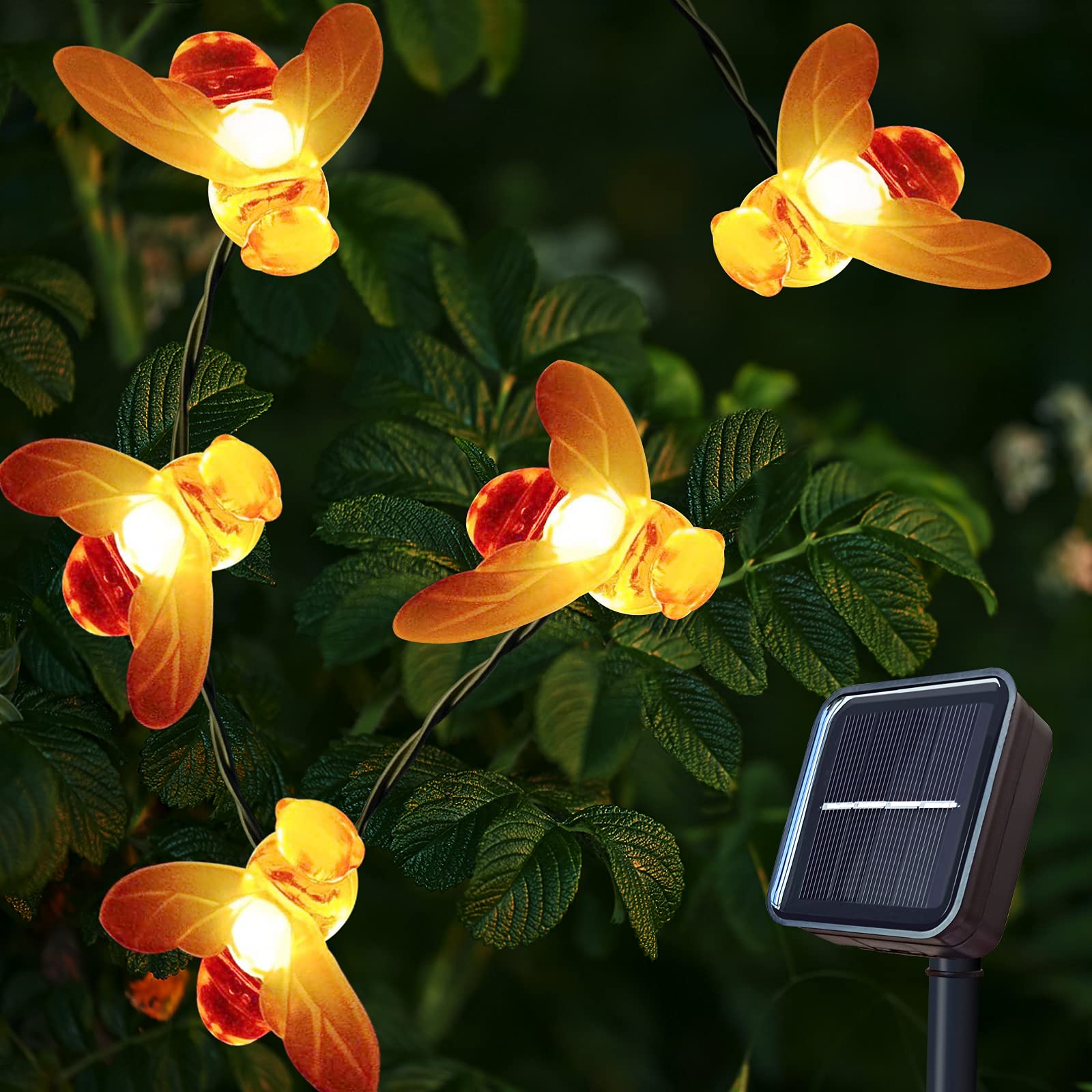 Solar Honeybee Garden String Lights - 60 LED 30Ft With 8 Lighting Modes, Waterproof Decorative Fairy Lights for Patio Landscape Indoor/Outdoor (Warm Light)