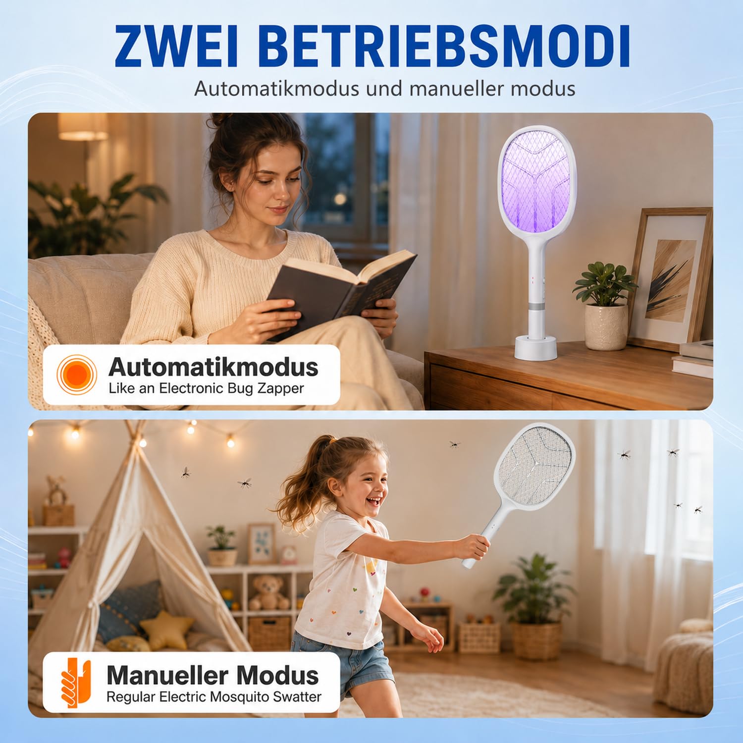 Elektrische Fliegenklatsche: 4800V Fliegenklatsche Elektrisch mit UV Lichtfalle, 2 in 1 USB mit 2000 mAh Akku Aufladbar Abnehmbar Elektro Mückenklatsche mit Ladestation, für Mücken-One 4