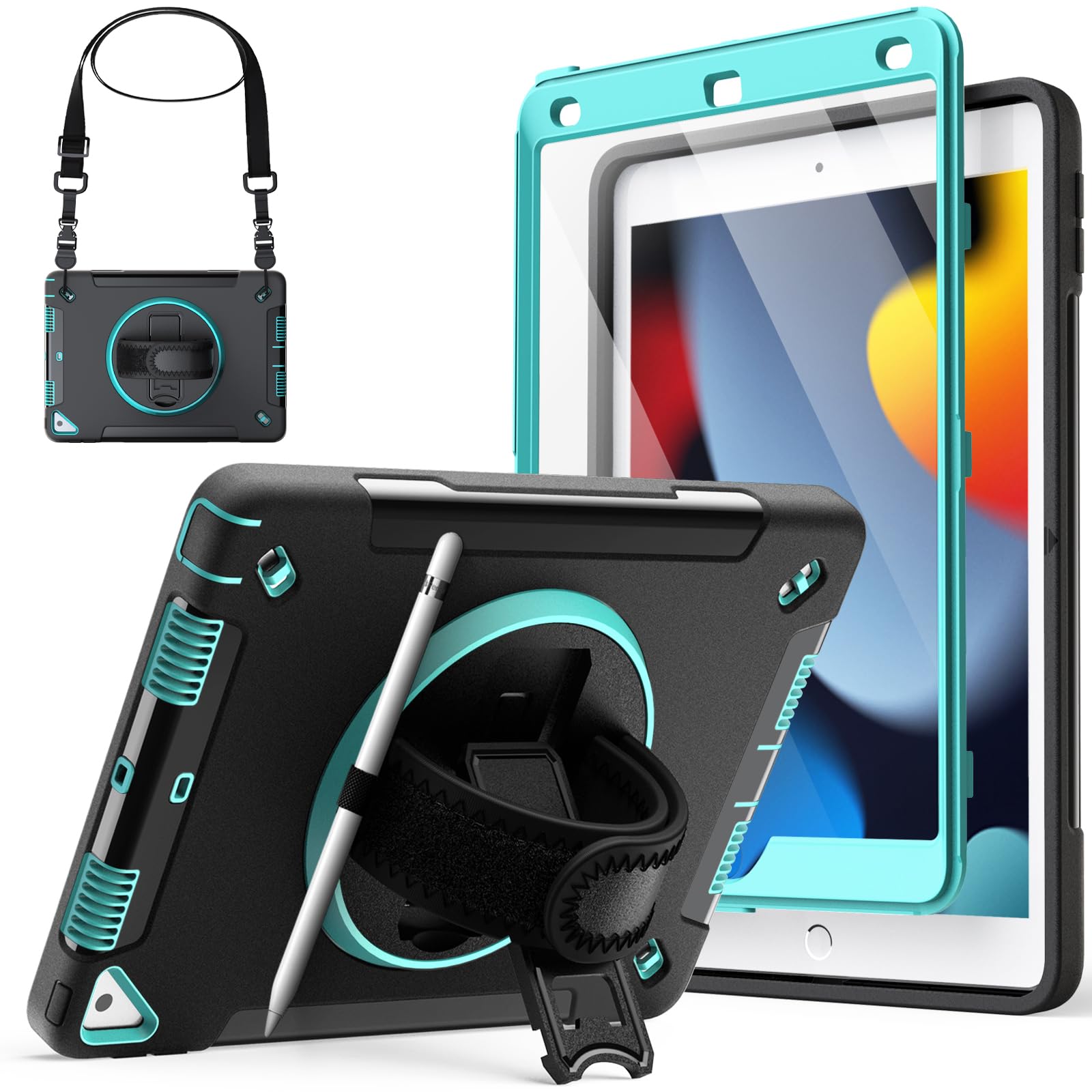JETech Case for iPad 10.2-Inch (9th/8th/7th Generation, 2021/2020/2019) with Built-in Screen Protector, Protective Shockproof Rugged Tablet Cover, 360° Rotating Hand Strap Stand (Blue) — image 1