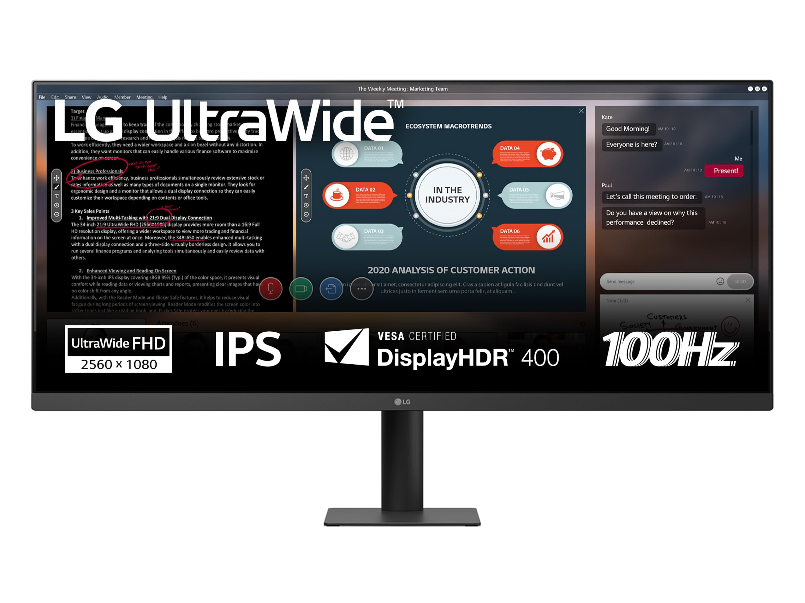 LG 34U511A Monitor UltraWide 21:9 34" IPS, WFHD (2560x1080), HDR 400, 100Hz, sRGB 99%, HDMI, DisplayPort, Uscita Cuffie, Schermo Antiriflesso, Reader Mode, Flicker Safe, Nero