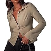 Trendy Fitted Button Down Shirts for Women Long Flare Sleeve Striped Cropped Shirt Business Top Autumn Blouse