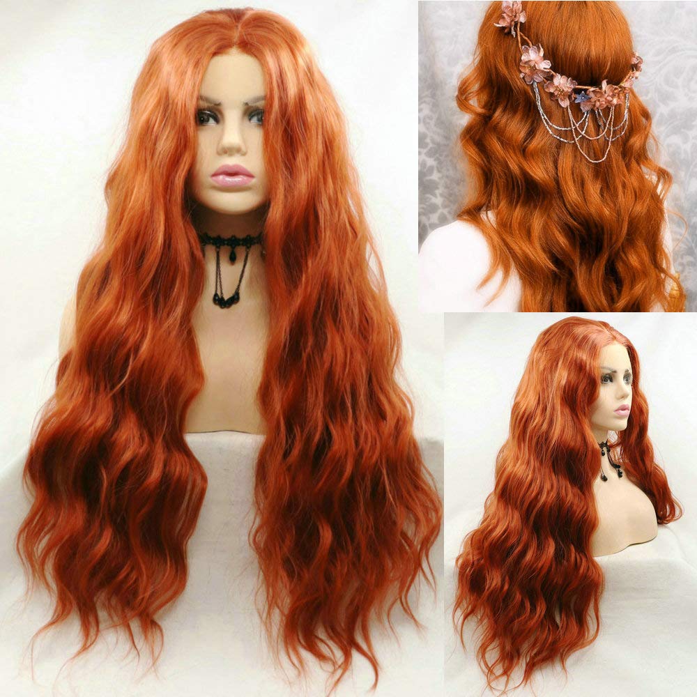 SereneWig 360# Brick Red Wig Synthetic Lace Front Wig for Women Ladies Natural Long Loose Wavy Orange Synthetic Wig UK Heat Resistant Hair Wigs Daily Use Cosplay Halloween 24"