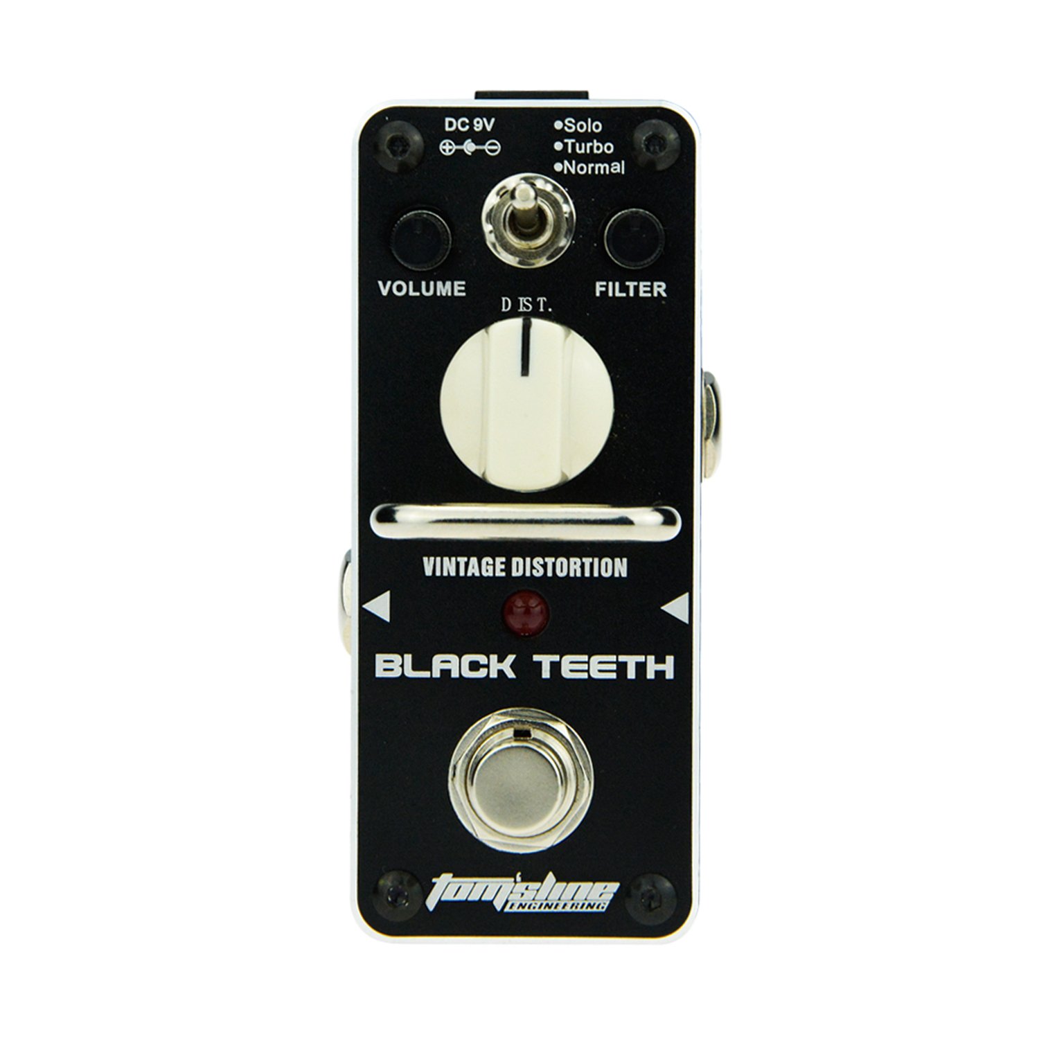 Distortion effect pedal BLACK TEETH Warm smooth wide range vintage distortion sound based on 3 versions of Proco Rat - solo turbo and normal guitar pedal by Aroma Music brand Tom'sline Engineering